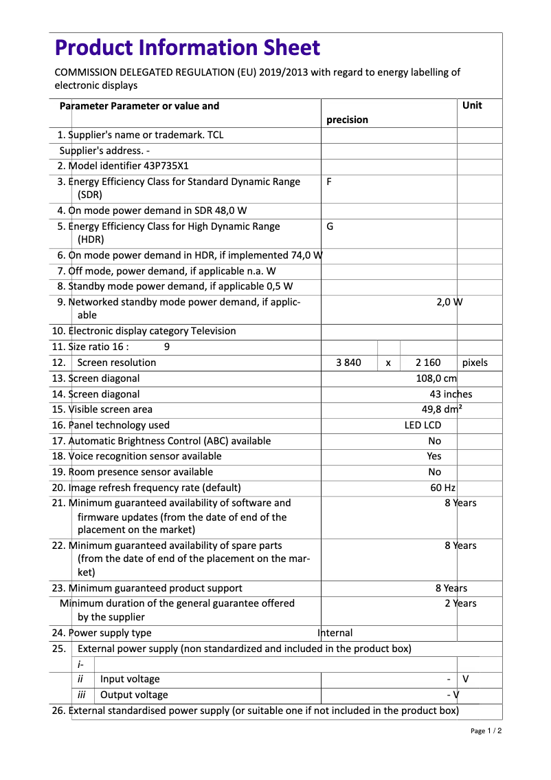 Page 1 de la notice Fiche technique TCL 43P735