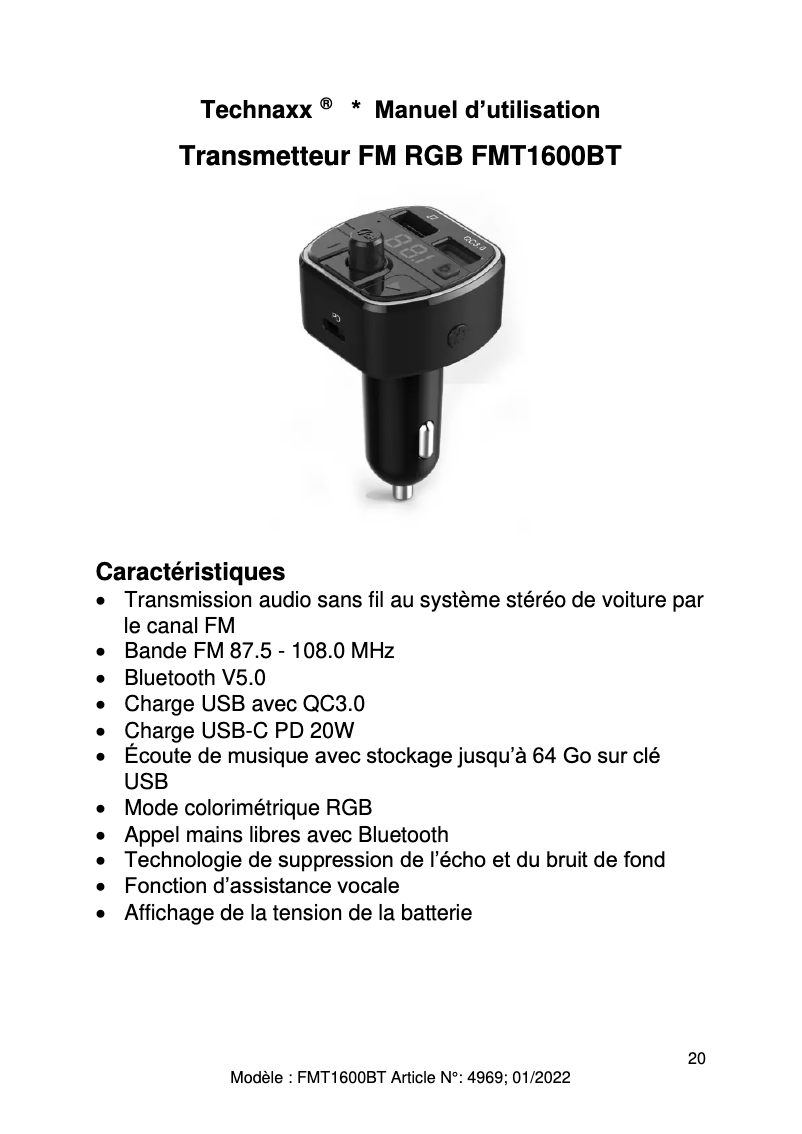Page 1 de la notice Manuel utilisateur Technaxx FMT1600BT
