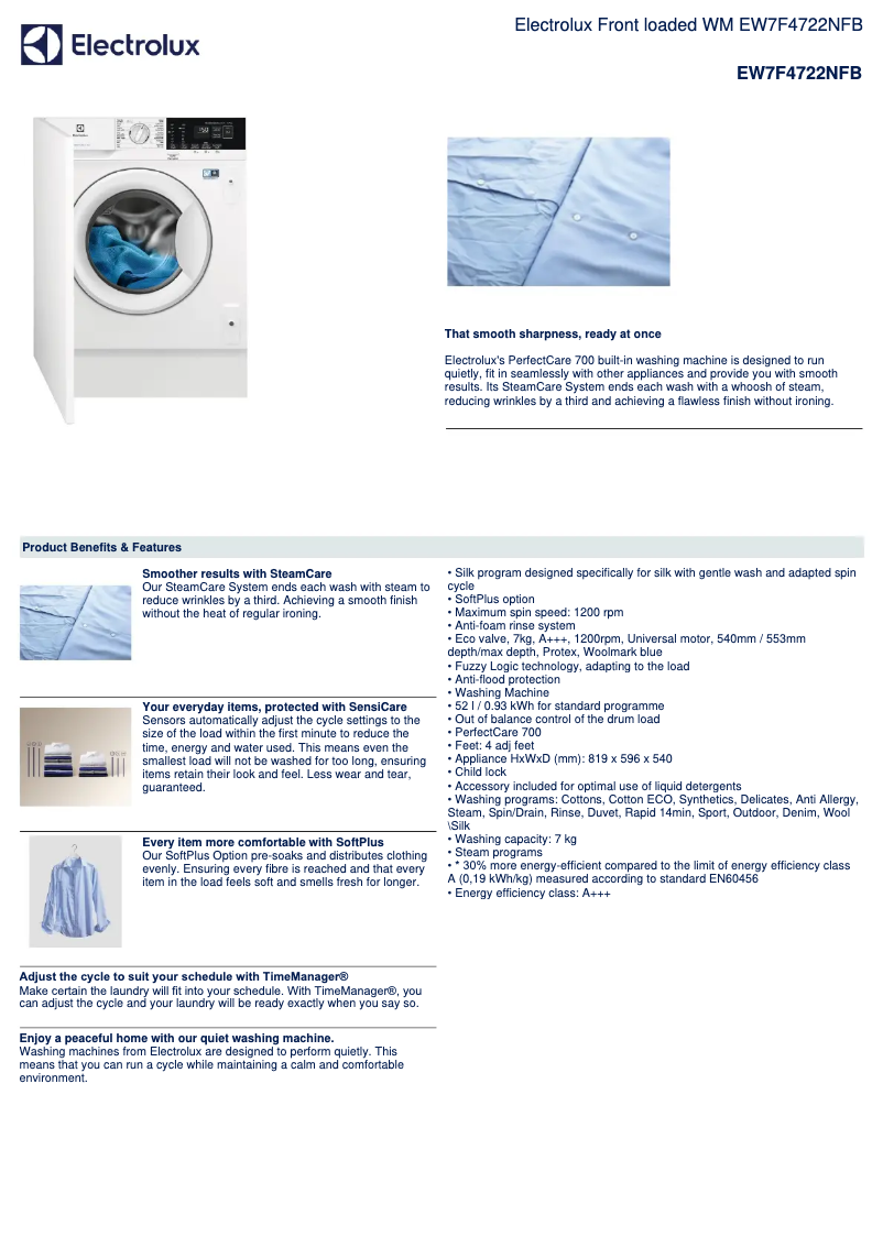 Page 1 de la notice Fiche technique Electrolux EW7F4722NFB