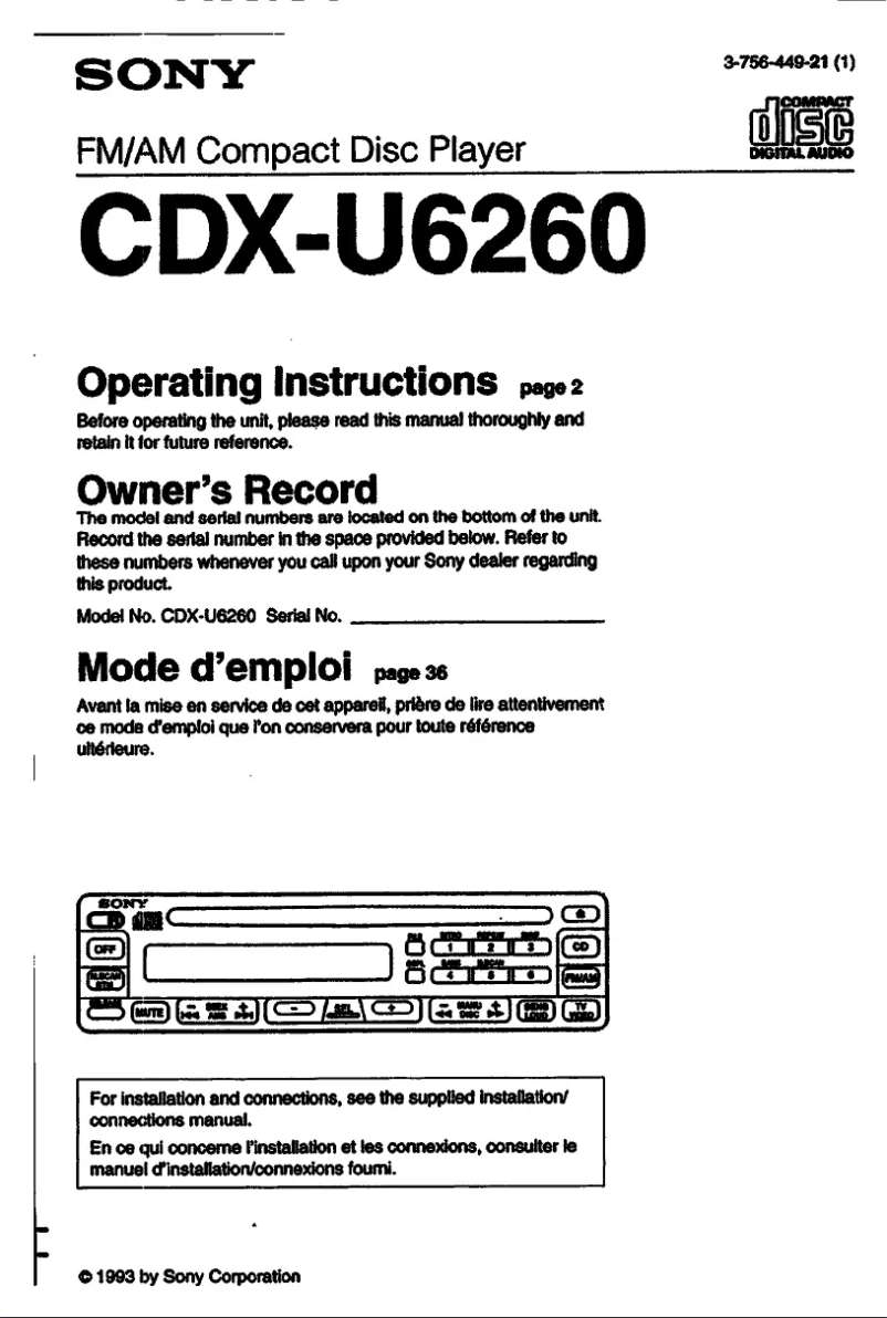 Page n°1 - Manuel utilisateur Sony CDX-U6260