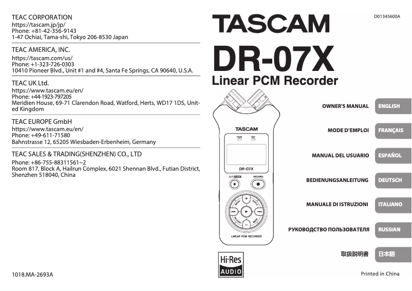 Page n°1 - Manuel utilisateur Tascam DR-07X