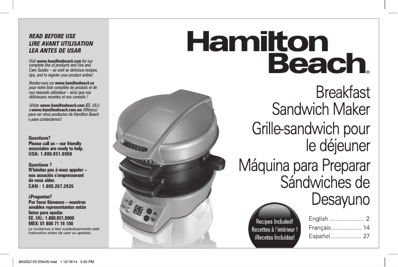 Page 1 de la notice Manuel utilisateur Hamilton Beach 25478