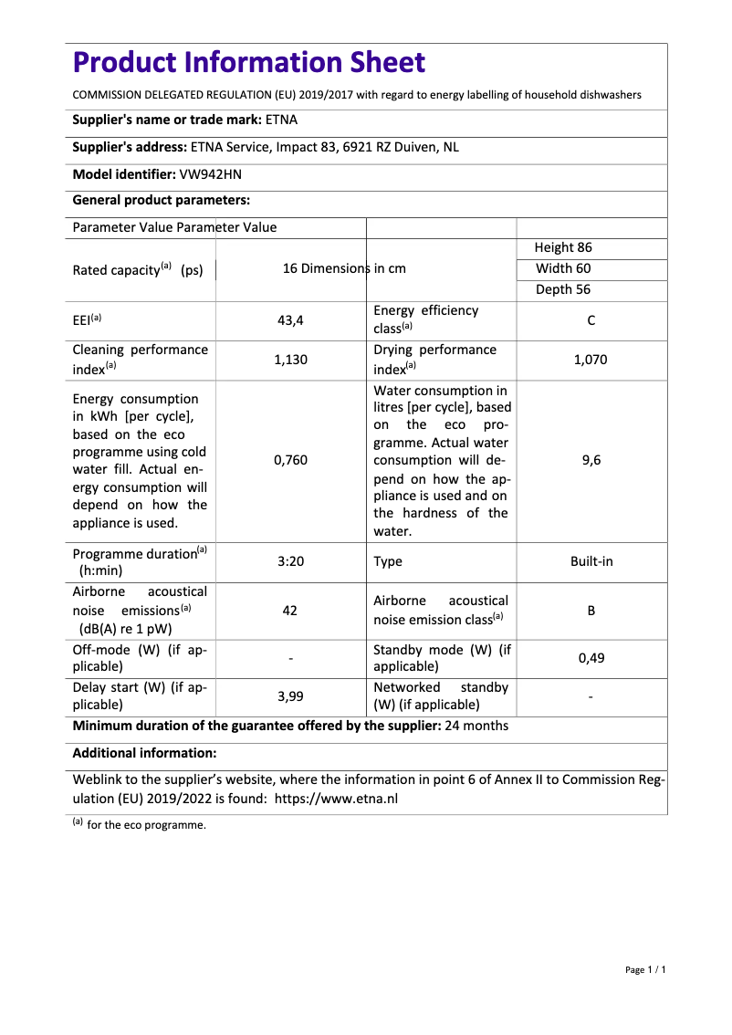 Page 1 de la notice Fiche technique Etna VW942HN