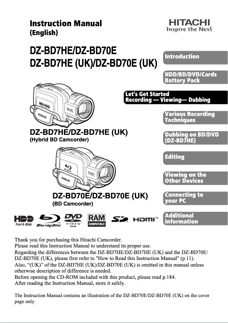 Page n°1 - Manuel utilisateur Hitachi DZ-BD7HE