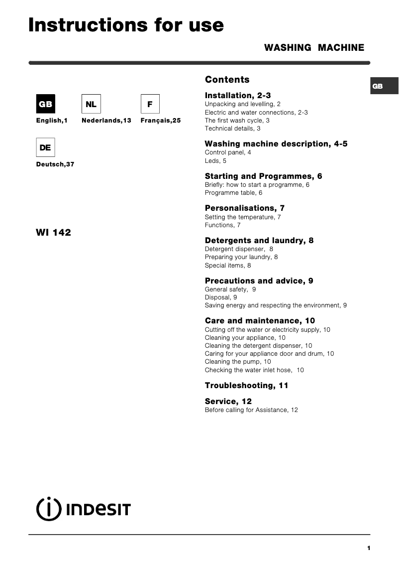 Page 1 de la notice Manuel utilisateur Indesit WI 142