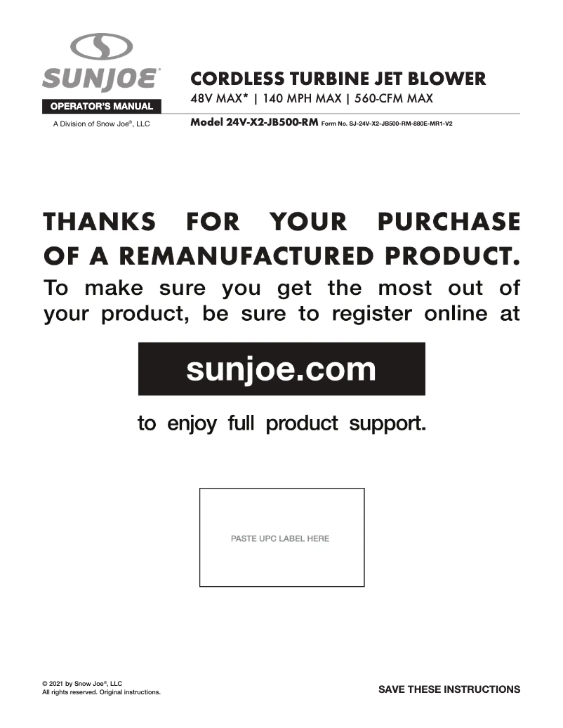 Page 1 de la notice Manuel utilisateur Sun Joe 24V-X2-JB500-RM