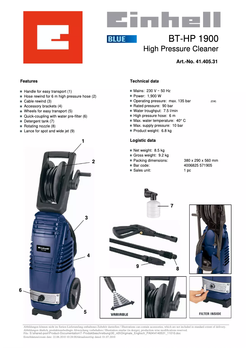 Page 1 de la notice Manuel utilisateur Einhell BT-HP 1900
