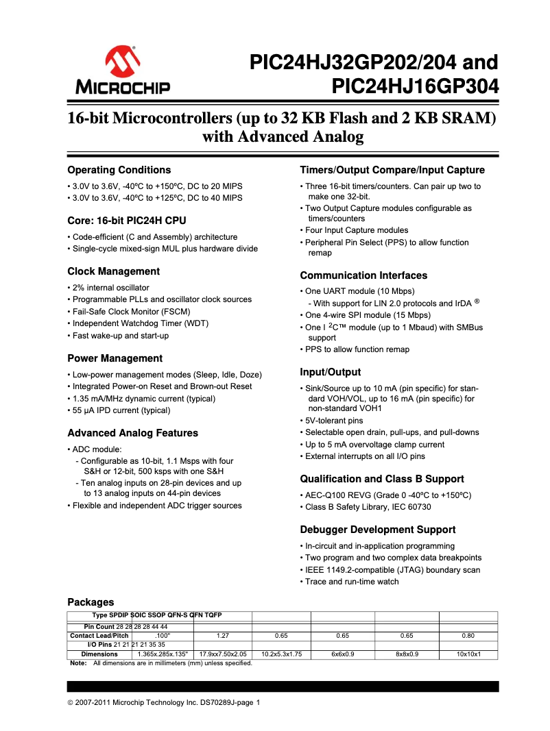 Página 1 del manual Ficha técnica Microchip PIC24HJ32GP204
