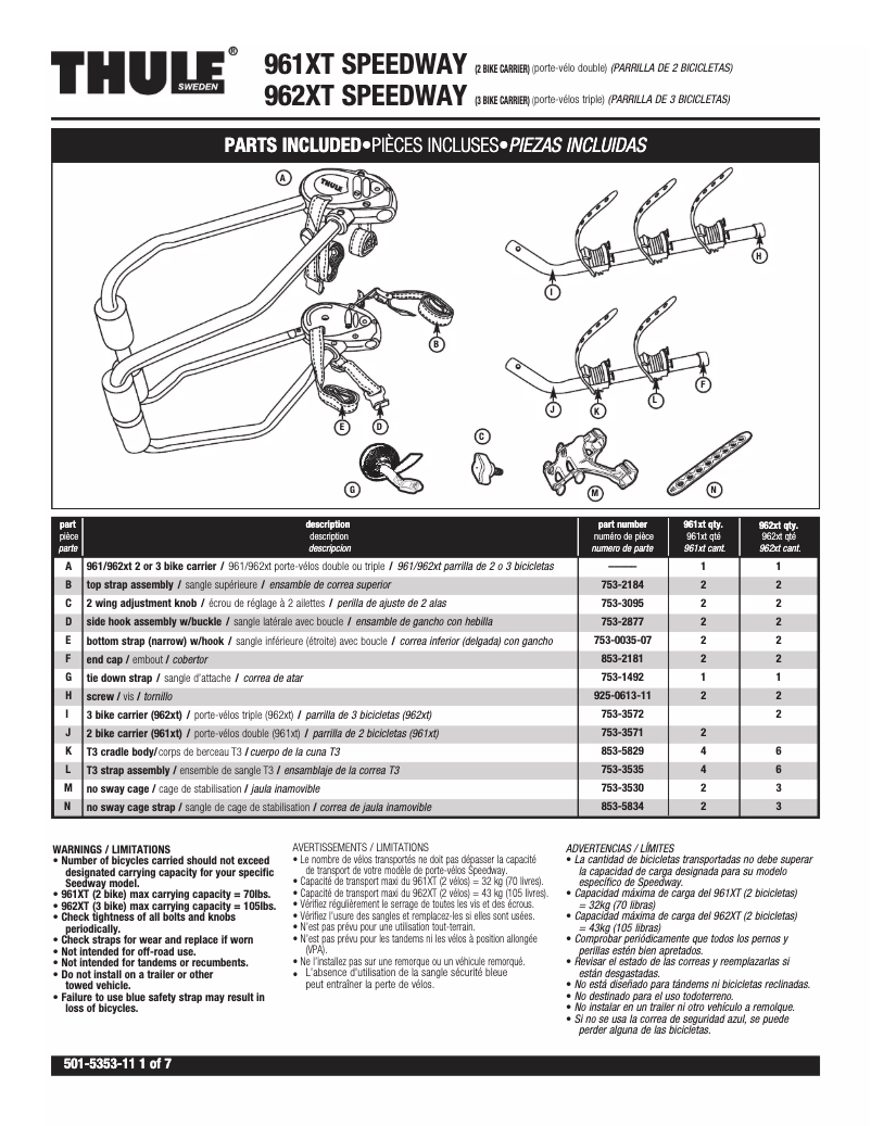 Page 1 de la notice Manuel utilisateur Thule Speedway 962XT