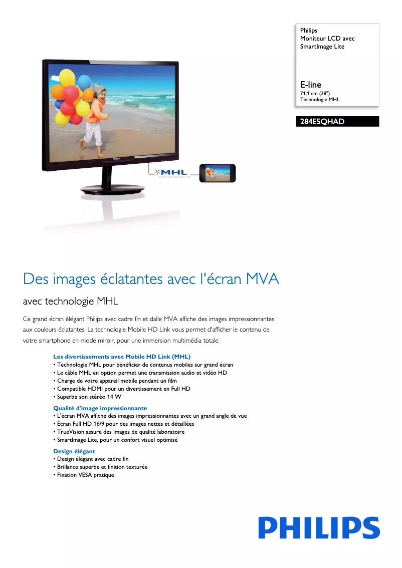 Page 1 de la notice Fiche technique Philips 284E5QHAD