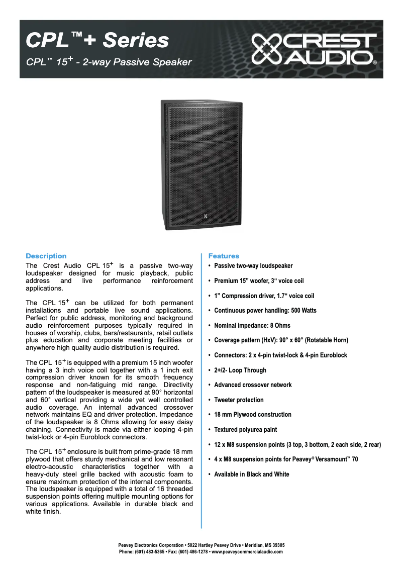 Page 1 de la notice Fiche technique Crest Audio CPL 15+