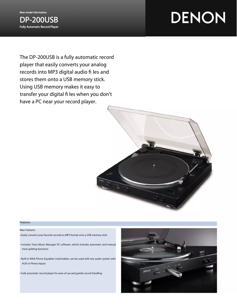 Page 1 de la notice Fiche technique Denon DP-200USB