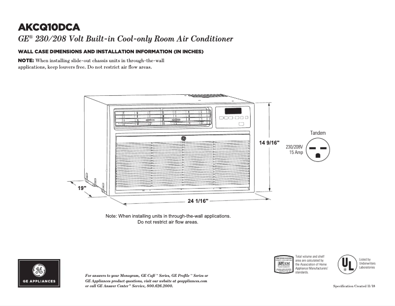 Page n°1 - Fiche technique GE AKCQ10DCA