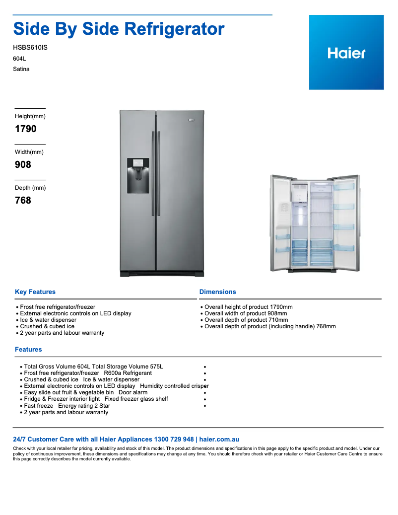 Page 1 de la notice Fiche technique Haier HSBS610IS
