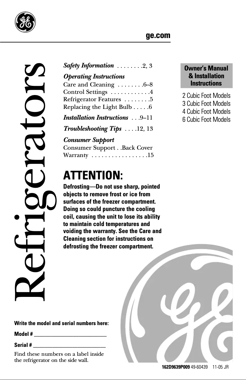 Page 1 de la notice Manuel d'utilisation et d'entretien GE GMR04BARBS