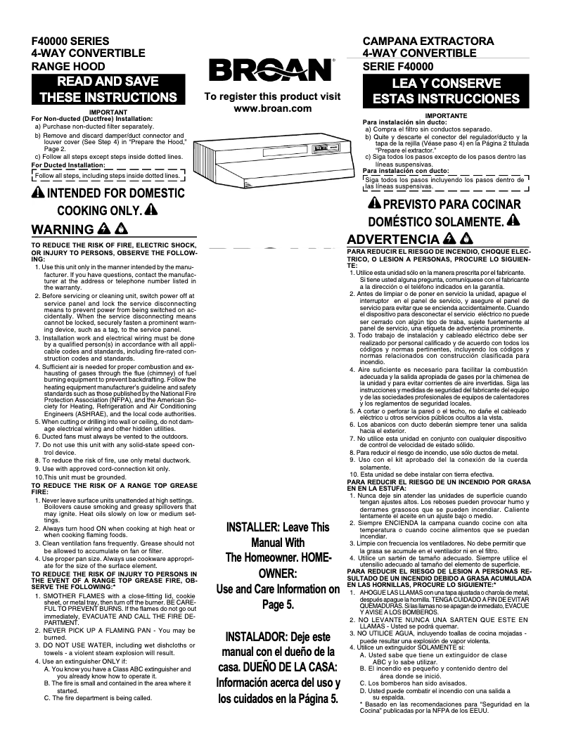 Page n°1 - Guide d'installation Broan F403601