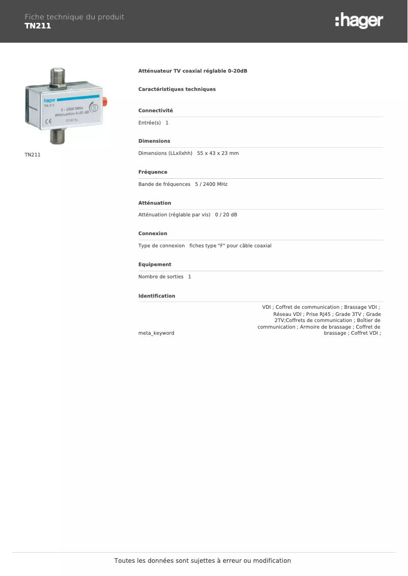 Page 1 of the manual Technical Sheet Hager TN211