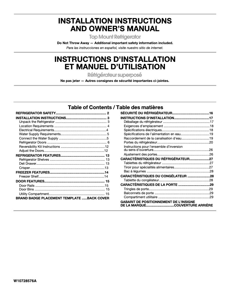 Page n°1 - Guide d'installation Whirlpool WRT318FMD