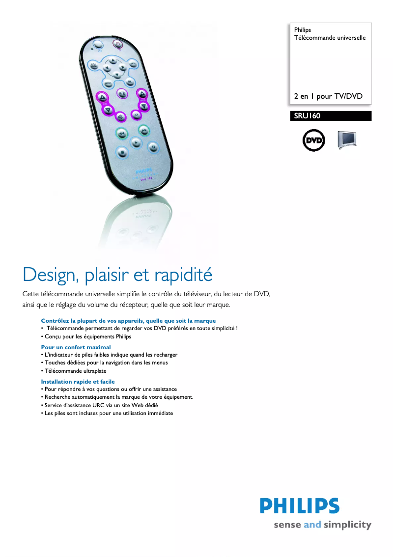 Page 1 de la notice Fiche technique Philips SRU160