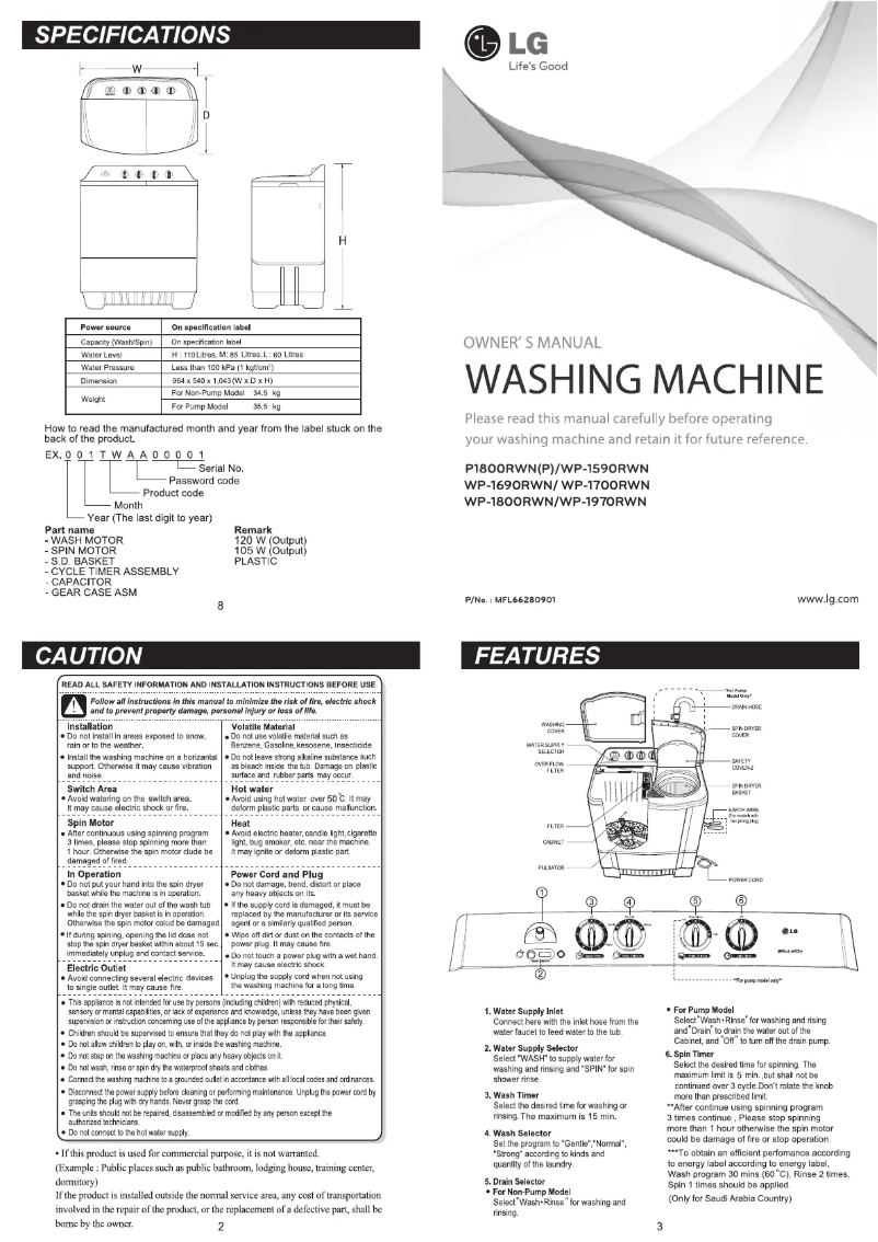 Page 1 de la notice Manuel utilisateur LG WP-1690RWN