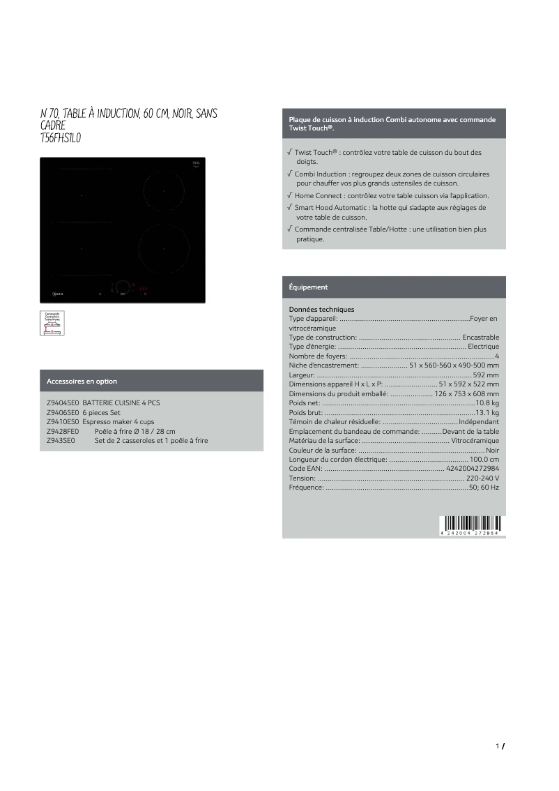 Page 1 de la notice Fiche technique Neff T56FHS1L0