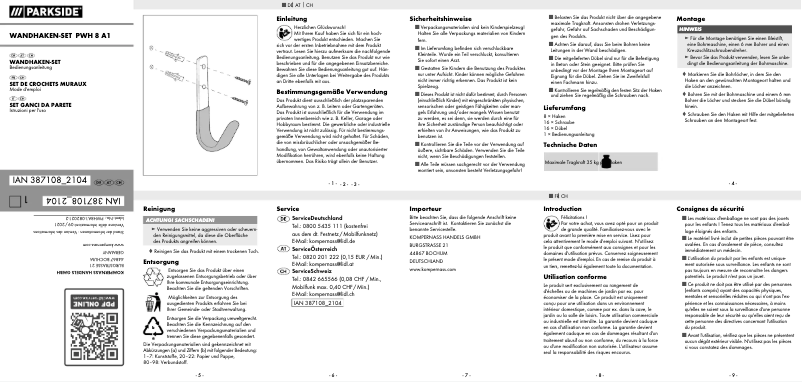Page 1 de la notice Manuel utilisateur Parkside PWH 8 A1