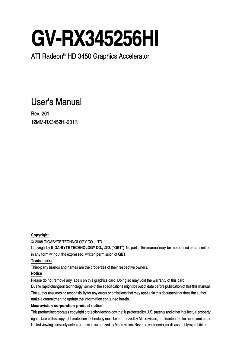 Page 1 de la notice Manuel utilisateur Gigabyte GV-RX345256HI