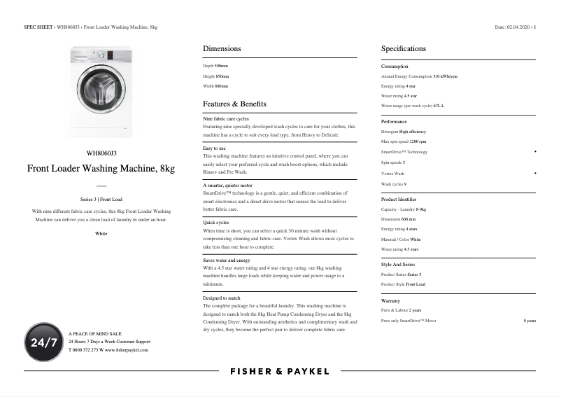 Page 1 de la notice Fiche technique Fisher & Paykel WH8060J3