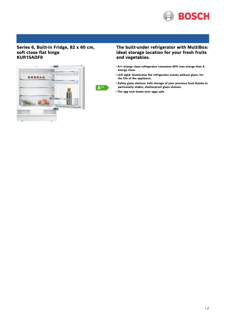 Page 1 de la notice Fiche technique Bosch KUR15ADF0