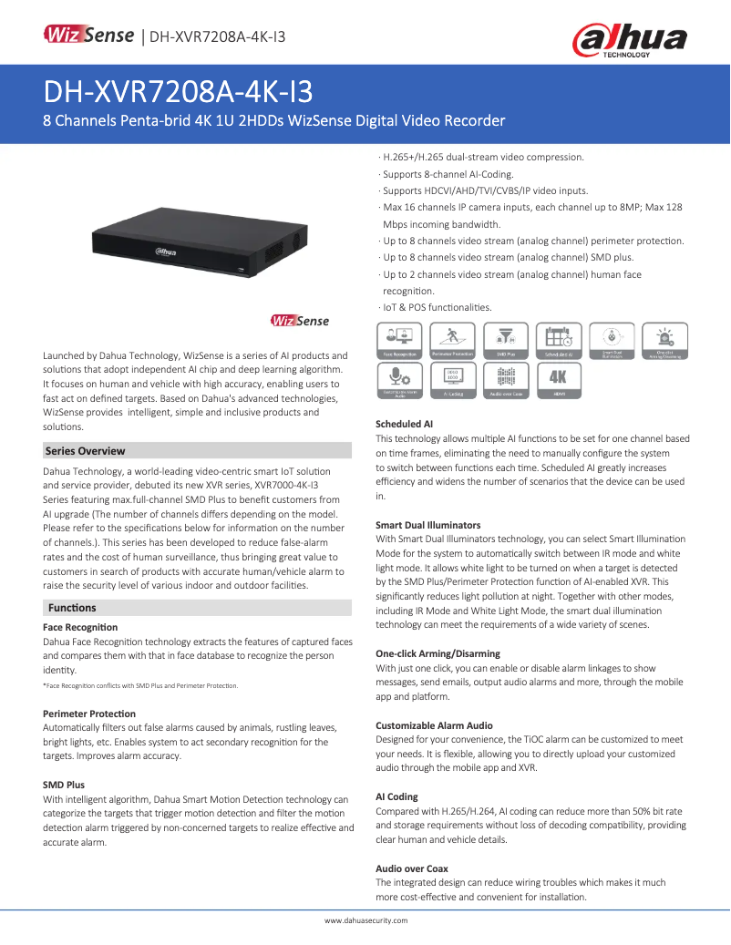 Page 1 de la notice Fiche technique Dahua Technology XVR7208A-4K-I3