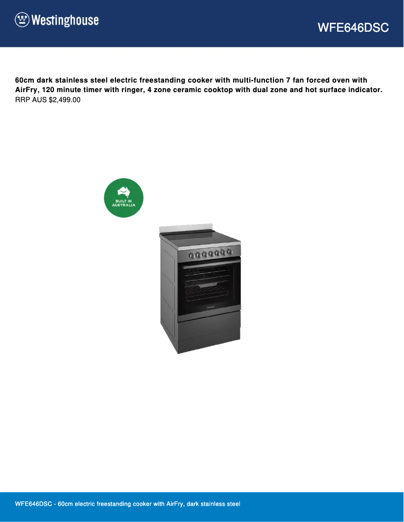 Page 1 de la notice Fiche technique Westinghouse WFE642SC