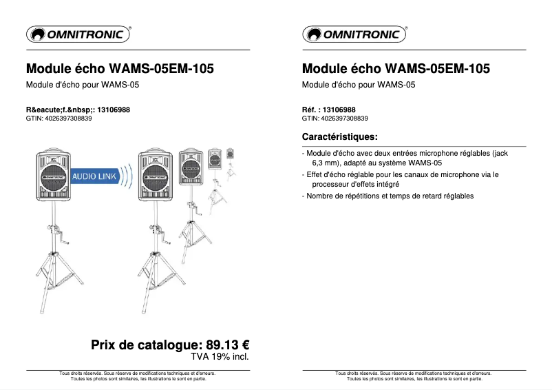 Page n°1 - Fiche technique Omnitronic EM-105