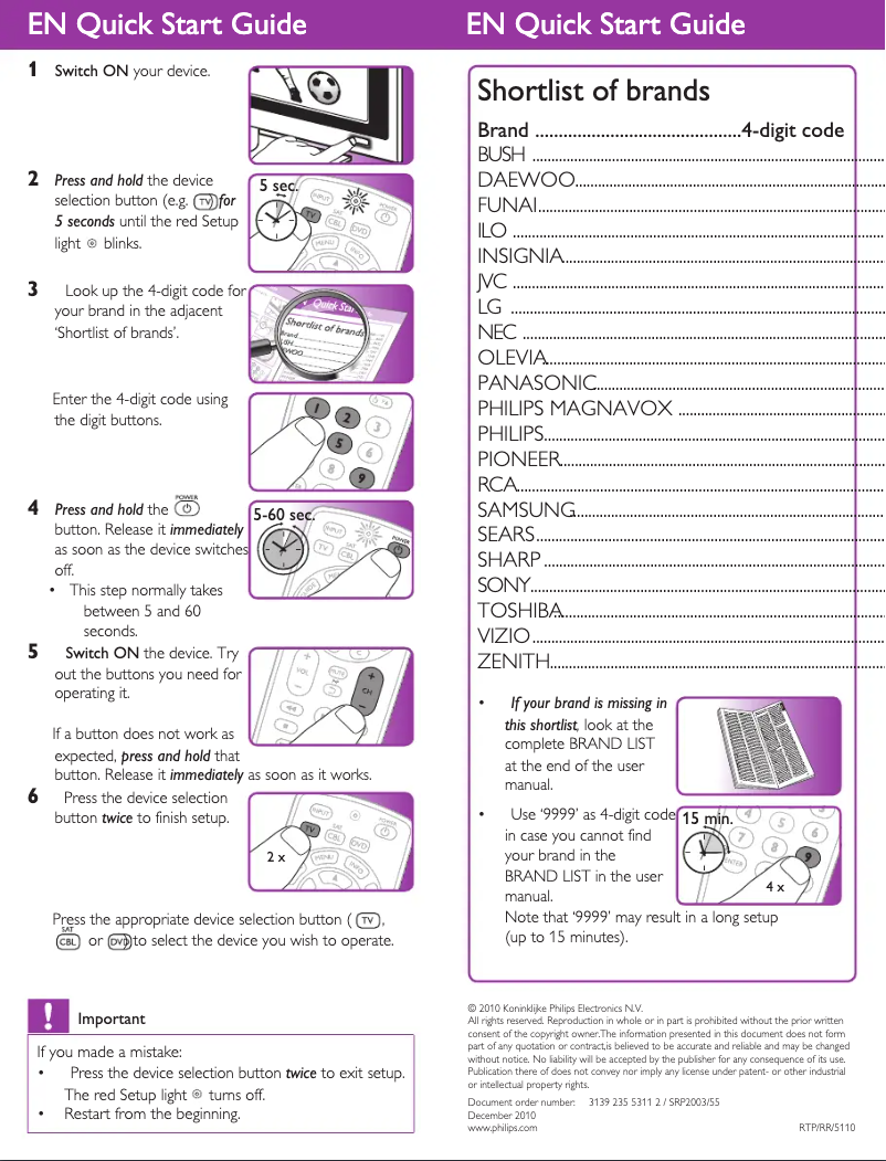 Page 1 de la notice Guide de démarrage rapide Philips SRP2003
