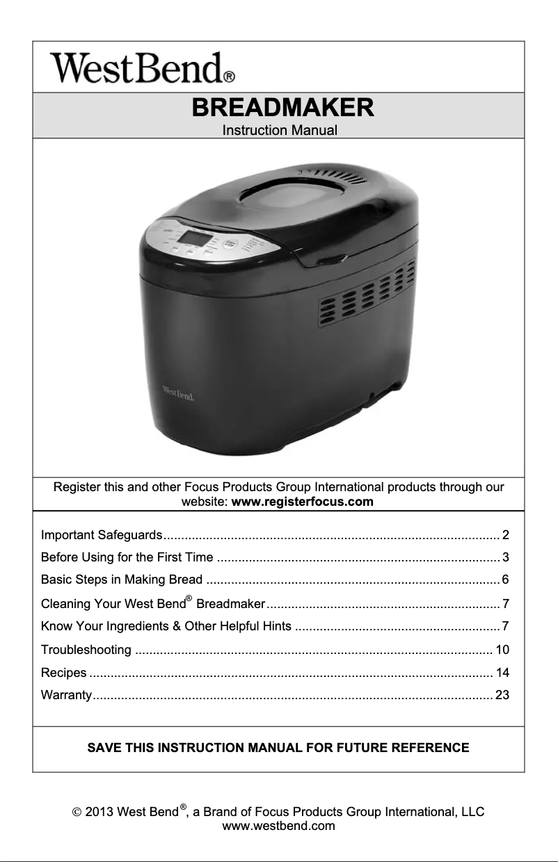 Page n°1 - Manuel utilisateur WestBend 41410