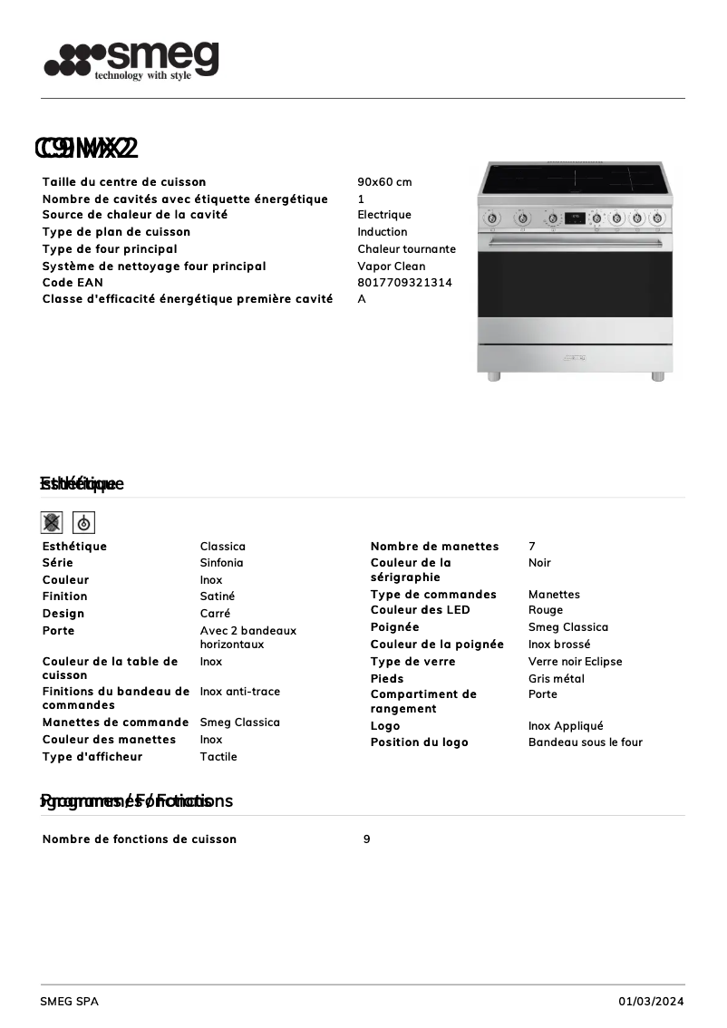 Page 1 de la notice Fiche technique Smeg C9IMX-2