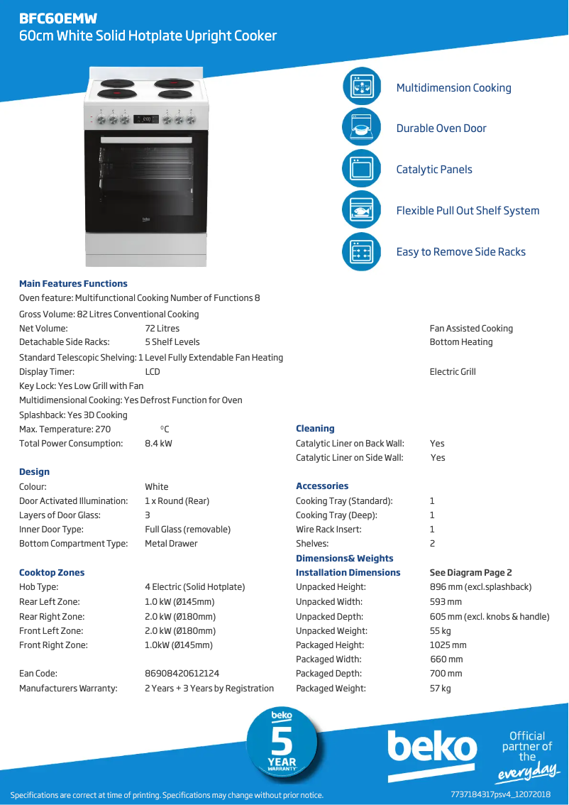 Page 1 de la notice Fiche technique Beko BFC60EMW