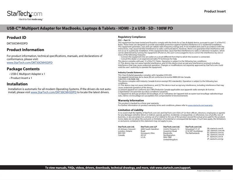 Page n°1 - Manuel utilisateur StarTech.com DKT30CMHSDPD