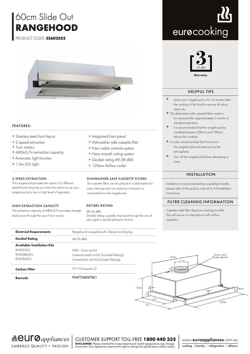 Page n°1 - Fiche technique Euro Appliances ES602SS2