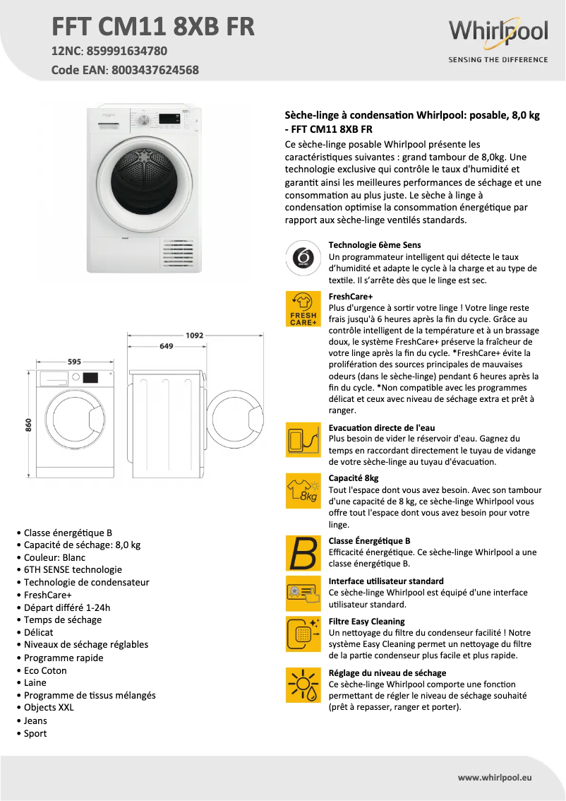Página 1 del manual Ficha técnica Whirlpool FFT CM11 8XB FR