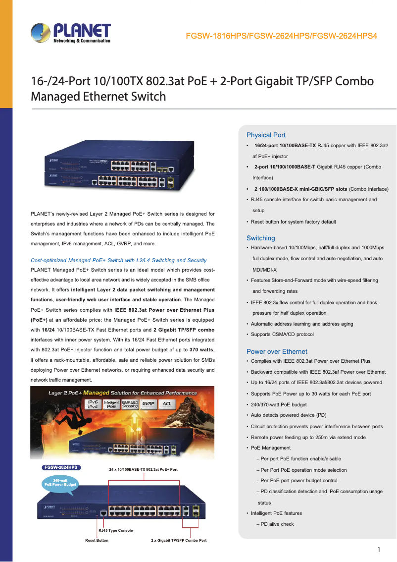 Page n°1 - Fiche technique Planet FGSW-1816HPS