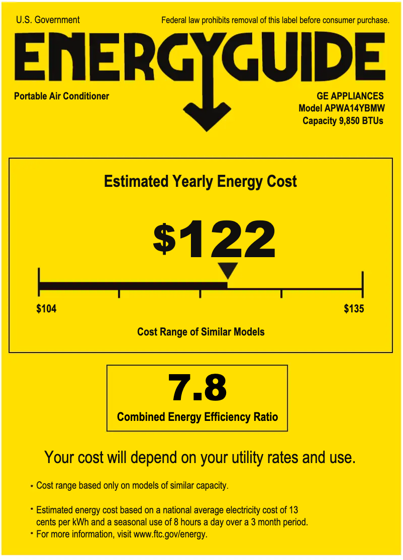 Page 1 de la notice Label énergétique GE APWA14YBMW