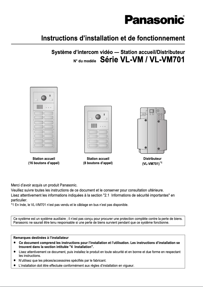 Page n°1 - Manuel utilisateur Panasonic VL-VM901