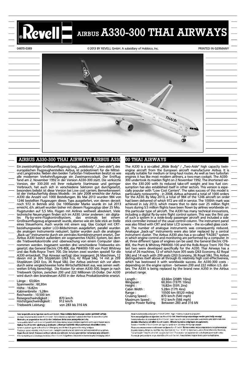 Page n°1 - Manuel utilisateur Revell Airbus A330-300 Thai Airways