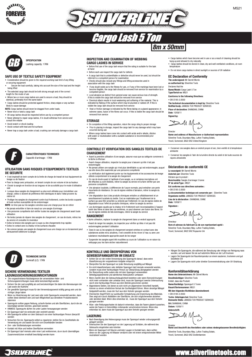 Page n°1 - Manuel utilisateur Silverline MS21