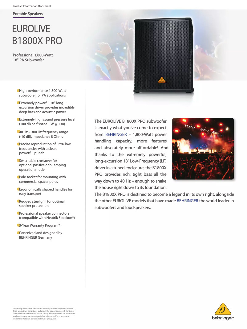 Page n°1 - Fiche technique Behringer B1800X PRO