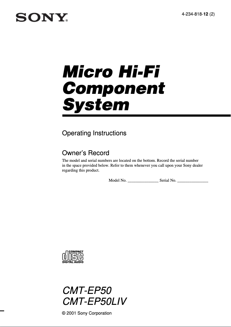 Page 1 de la notice Manuel utilisateur Sony CMT-EP50LIV