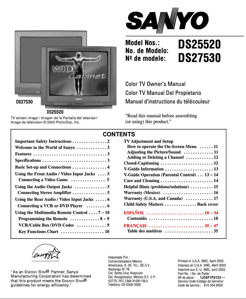 Page n°1 - Manuel utilisateur Sanyo DS27530