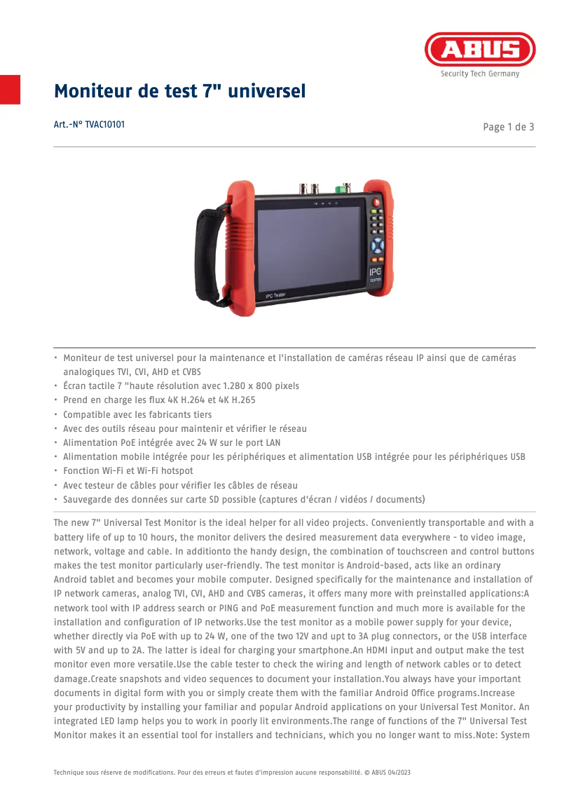 Page 1 de la notice Fiche technique Abus TVAC10101