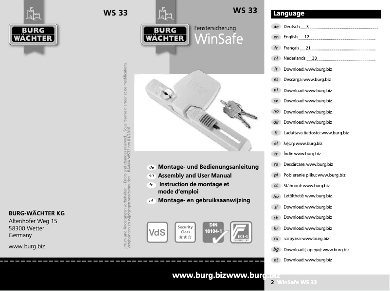 Page 1 de la notice Manuel utilisateur Burg Wächter WinSafe WS 33