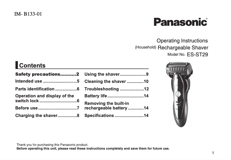 Page 1 de la notice Manuel utilisateur Panasonic ES-ST29